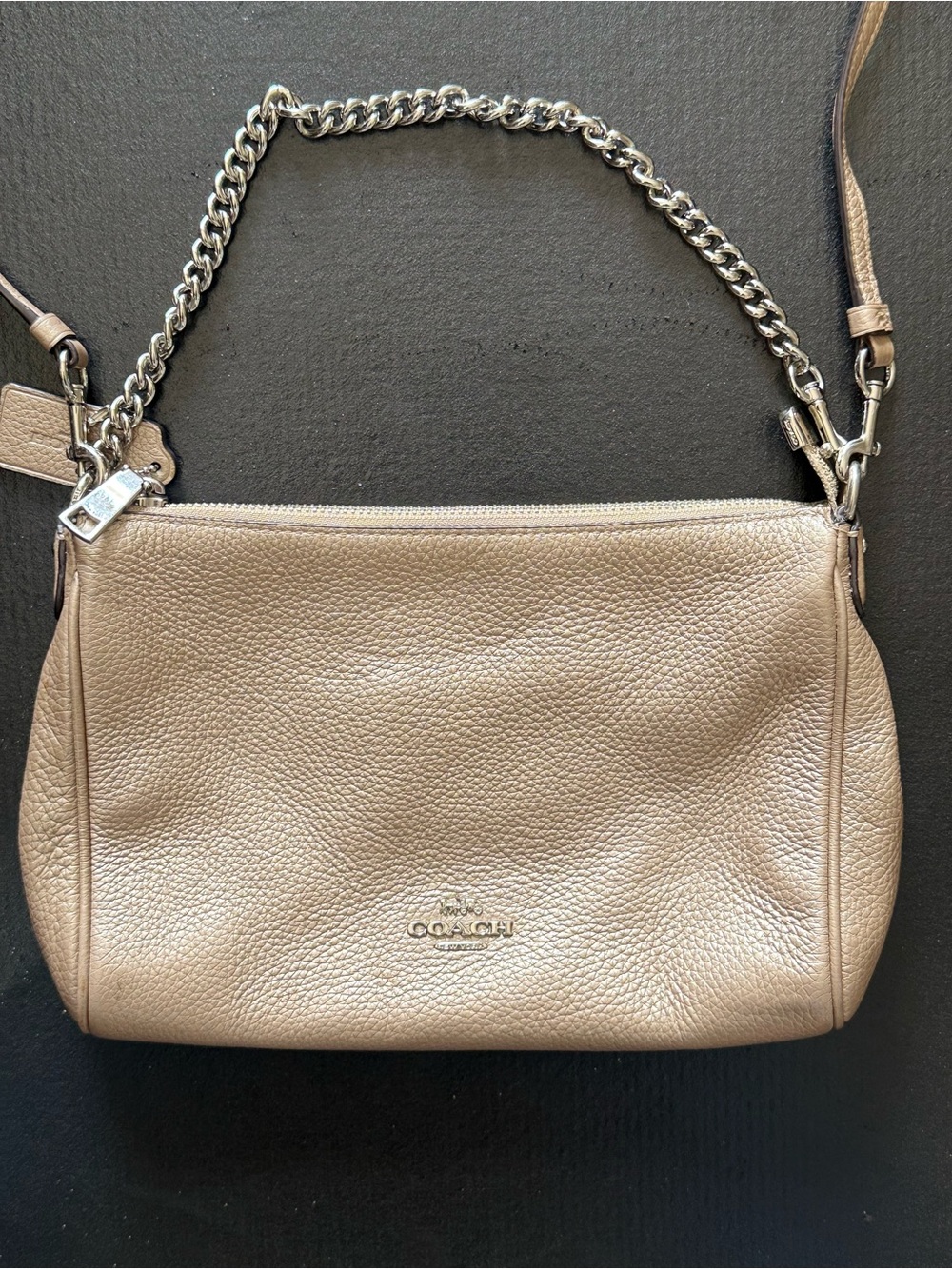 Coach Metallic Taupe Pebbled Leather Chain Shoulder Bag
